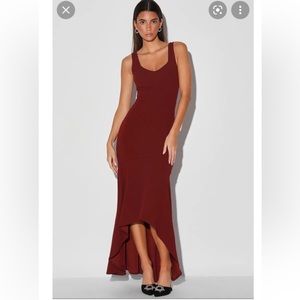 Lulu’s One on One Burgundy Trumpet High Low Maxi Dress